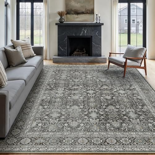 HUGEAR Vintage Waschbarer Teppich Wohnzimmer 240x300cm Schwarz Retro Rugs for Living Room Weich rutschfest Groß Tepich Kurzflor Schlafzimmer Carpet Living Room Bedroom Esszimmer Teppiche Büro von HUGEAR