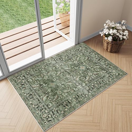 HUGEAR Vintage Waschbarer Teppich im Eingangsbereich 60x90cm Grün fußmatte badezimmerteppich Weich rutschfest Retro Kleiner Tepich Kurzflor Bad Schlafzimmer Carpet Bedroom von HUGEAR