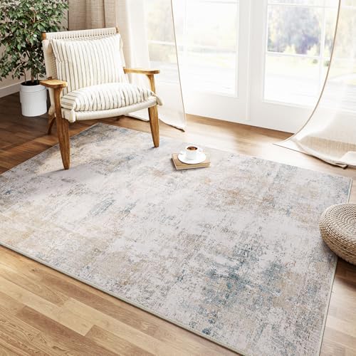 HUGEAR Waschbare Teppiche Gegend Teppich 90 x 150cm Beige Blau Modern Abstrakt Wohnzimmer Schlafzimmer Teppisch rutschfest Kurzflor Weich Rugs for Living Room Carpet for Esszimmer Büro von HUGEAR
