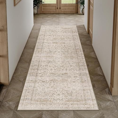 HUGEAR Waschbarer Beige Vintage Läufer Teppich Flur 60x180cm Bettvorleger Küchen Wohnzimmer Schlafzimmer Teppiche rutschfest Kurzflor Weich Flurläufer Teppichläufer von HUGEAR