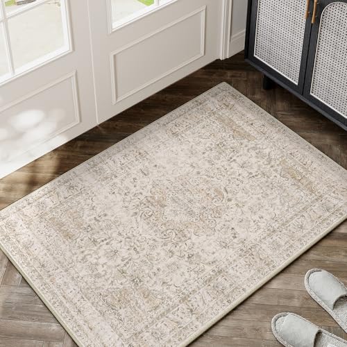 HUGEAR Waschbarer Beige Vintage Teppich im Eingangsbereich 60x90cm fußmatte badezimmerteppich Weich rutschfest Retro Kleiner Tepich Kurzflor Bad Schlafzimmer Carpet Bedroom von HUGEAR