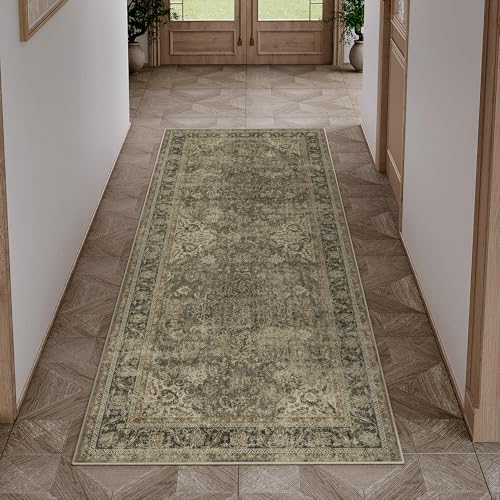 HUGEAR Waschbarer Braun Vintage Läufer Teppich Flur 60x180cm Bettvorleger Küchen Wohnzimmer Schlafzimmer Teppiche rutschfest Kurzflor Weich Flurläufer Teppichläufer von HUGEAR