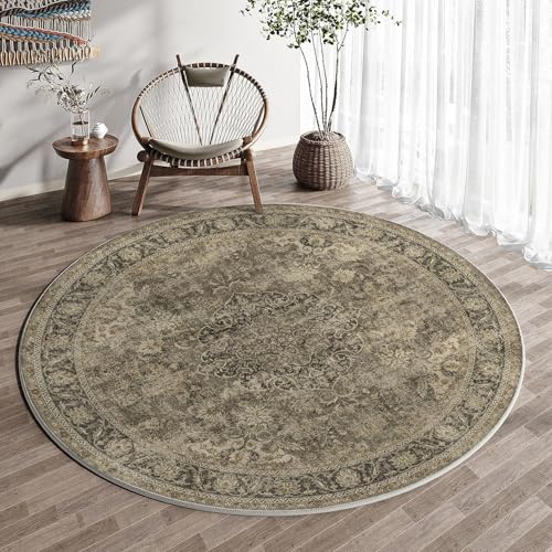 HUGEAR Waschbarer Braun Vintage Teppich Rund 150cm Runder Wohnzimmer Schlafzimmer Rutschfester Tepich Kurzflor Schlafzimmer Carpet Living Room Bedroom Esszimmer Teppiche Büro von HUGEAR