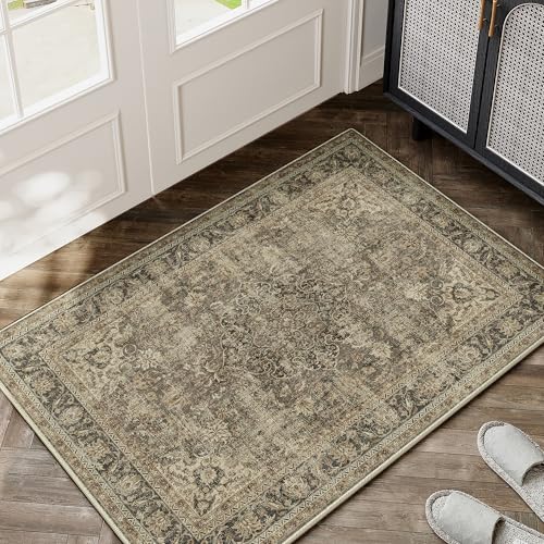HUGEAR Waschbarer Braun Vintage Teppich im Eingangsbereich 60x90cm fußmatte badezimmerteppich Weich rutschfest Retro Kleiner Tepich Kurzflor Bad Schlafzimmer Carpet Bedroom von HUGEAR