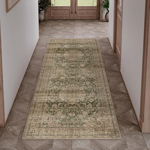 HUGEAR Waschbarer Grün Vintage Läufer Teppich Flur 60x180cm Bettvorleger Küchen Wohnzimmer Schlafzimmer Teppiche rutschfest Kurzflor Weich Flurläufer Teppichläufer von HUGEAR