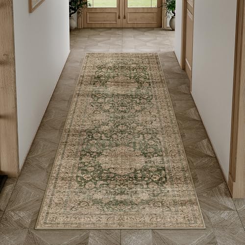 HUGEAR Waschbarer Grün Vintage Läufer Teppich Flur 60x240cm Bettvorleger Küchen Wohnzimmer Schlafzimmer Teppiche rutschfest Kurzflor Weich Flurläufer Teppichläufer von HUGEAR