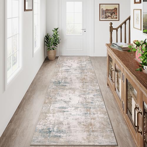HUGEAR Waschbarer LäUfer Teppich Flur 60 x 240cm Beige Blau Modern Abstrakt Küchen Wohnzimmer Schlafzimmer Teppiche TeppichläUfer rutschfest Kurzflor Weich FlurläUfer TeppichläUfer Bettvorleger von HUGEAR