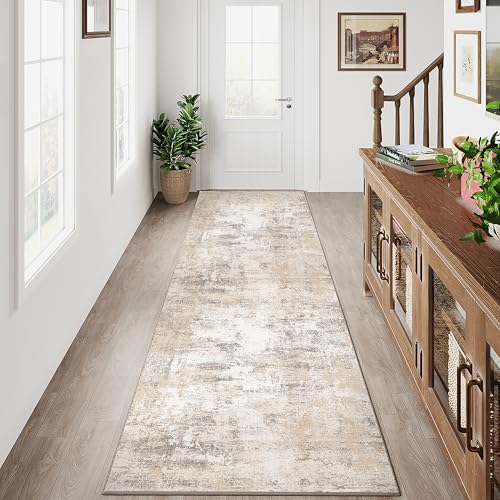 HUGEAR Waschbarer LäUfer Teppich Flur 60 x 240cm Beige Grau Modern Abstrakt Küchen Wohnzimmer Schlafzimmer Teppiche TeppichläUfer rutschfest Kurzflor Weich FlurläUfer TeppichläUfer Bettvorleger von HUGEAR
