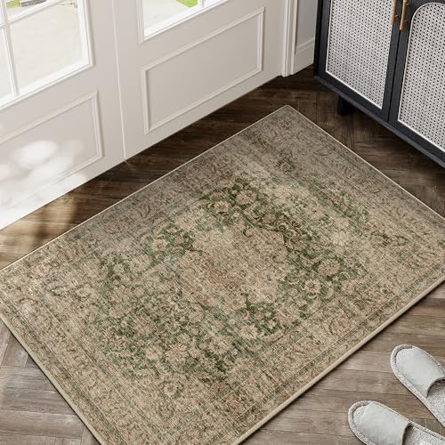 HUGEAR Waschbarer Vintage Teppich im Eingangsbereich 60x90cm Grün fußmatte badezimmerteppich Weich rutschfest Retro Kleiner Tepich Kurzflor Bad Schlafzimmer Carpet Bedroom von HUGEAR