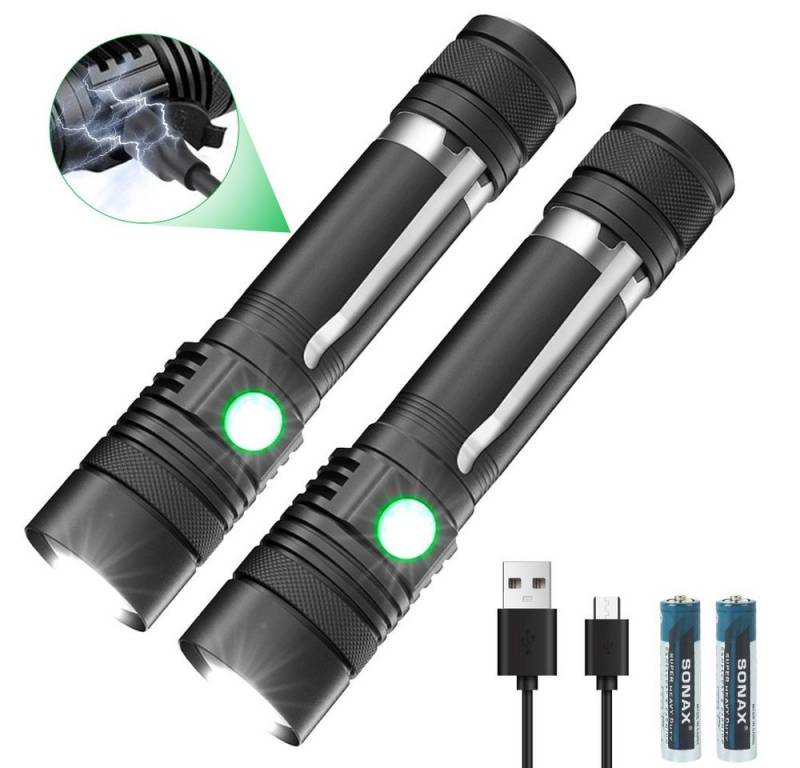 HUGERSTONE LED Taschenlampe Aufladbar Taschenlampe 800lm superhell (2-St., für Camping Wandern Notfälle mit Akku), wiederaufladbar, dimmbar, fokussierbar,3 Lichtmodi von HUGERSTONE