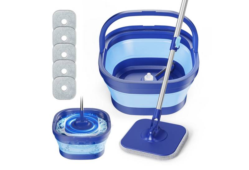 HUGERSTONE Wischmopp Bodenwischer Wischmopp Set mit Faltbarer Eimer, 360° Rotierender Mopp, Wischer Boden mit 5 Waschbaren Mikrofaser Pads für alle Böden von HUGERSTONE