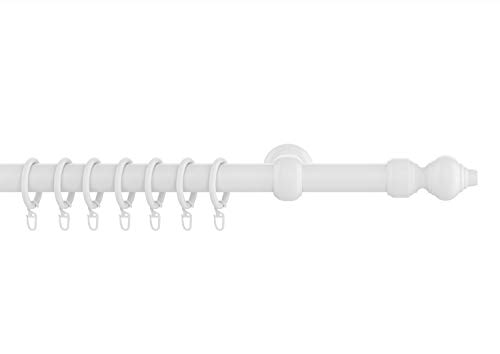 HUGG (w50 Gardinenstange 28mm weiß, bis 400cm lang, mit Ringen, Länge 180 cm | Endstück SIKA von HUGG