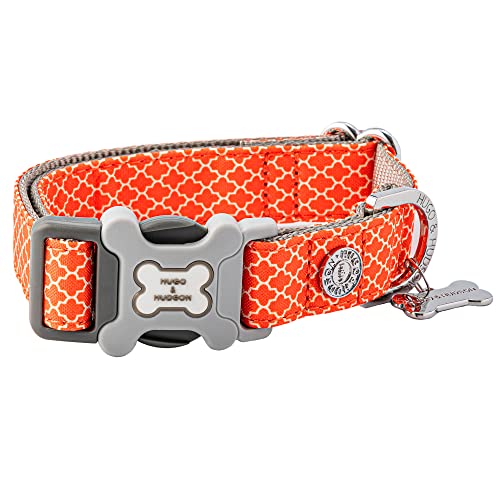 HUGO & HUDSON Nylon-Hundehalsband mit Schnellverschluss-Sicherheitsschnalle aus Kunststoffknochen, Haustierhalsband - Orange geometrisch - XS von HUGO & HUDSON