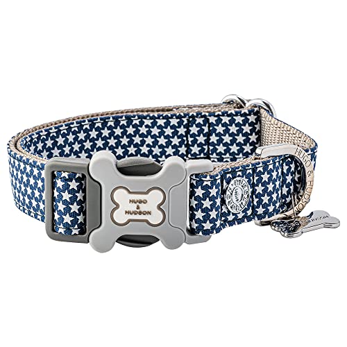 HUGO & HUDSON Nylon-Hundehalsband mit Schnellverschluss-Sicherheitsschnalle aus Kunststoffknochen, Haustierhalsband - Marine-weißer Stern - XS von HUGO & HUDSON