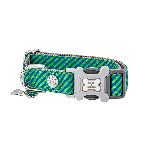 HUGO & HUDSON Nylon-Hundehalsband mit Schnellverschluss-Sicherheitsschnalle aus Kunststoffknochen, Haustierhalsband - Marineblau und grün diagonal gestreift - XS von HUGO & HUDSON