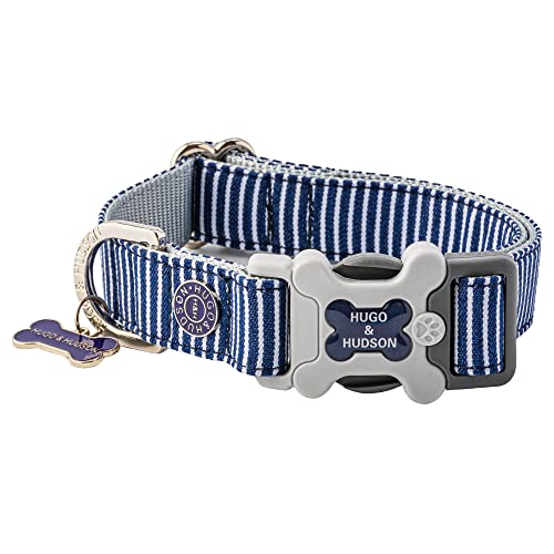 HUGO & HUDSON Hundehalsband, verstellbare Sicherheitsschnalle, Marineblau gestreift, S von HUGO & HUDSON