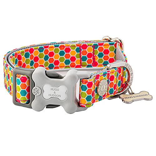 HUGO & HUDSON Nylon-Hundehalsband mit Schnellverschluss-Sicherheitsschnalle aus Kunststoffknochen, Haustierhalsband - Mehrfarbig geometrisch - XS von HUGO & HUDSON