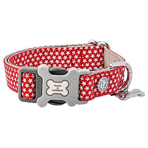 HUGO & HUDSON Nylon-Hundehalsband mit Schnellverschluss-Sicherheitsschnalle aus Kunststoffknochen, Haustierhalsband - Roter weißer Stern - XS von HUGO & HUDSON