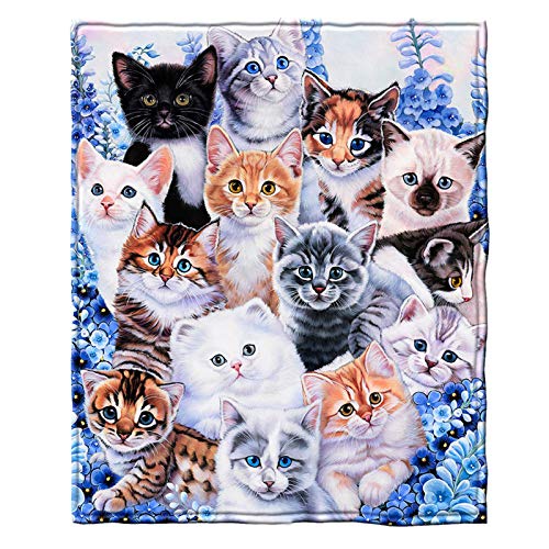 HUGS IDEA Decke mit Katzenmuster, Ölgemälde, Familienfoto, lustig, bezaubernd, Flanell, Überwurf, blau, lila, britische Kurzhaar, Katzenliebhaber, Ganzjahresdecke, 3XL von HUGS IDEA