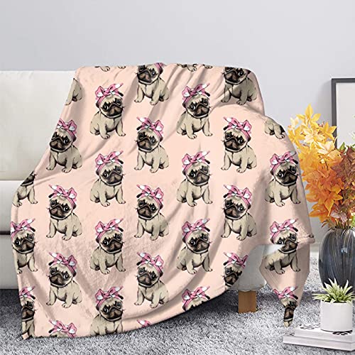 HUGS IDEA Dromlife Decke mit Mops-Motiv, für Welpenliebhaber, einfache Größe und volle Größe, niedliche rosa gepunktete Schleifen, lustige Überwürfe für Zuhause, 3XL von HUGS IDEA