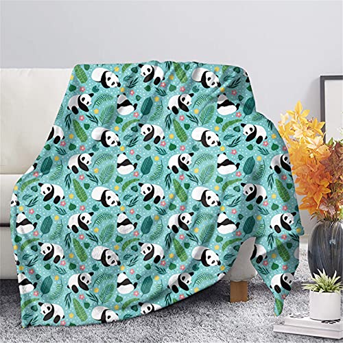 HUGS IDEA Flauschige Geschenkdecken mit schönem Panda-Muster, Cartoon-Panda, Bambusblatt, Blume, Punkt, Überwurf, Decke, weiche Yogamatte, Fleece-Decke, Türkis-S von HUGS IDEA