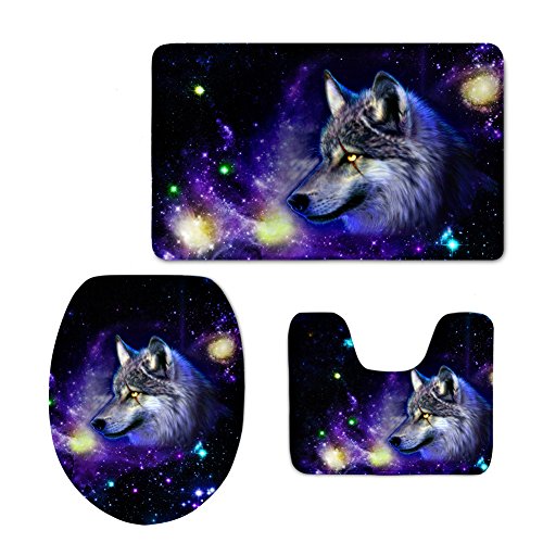 HUGS IDEA Galaxy Wolf bedrucktes Badezimmerteppich-Set, Konturteppich-Sets mit Deckelbezug (3-teilig) von HUGS IDEA
