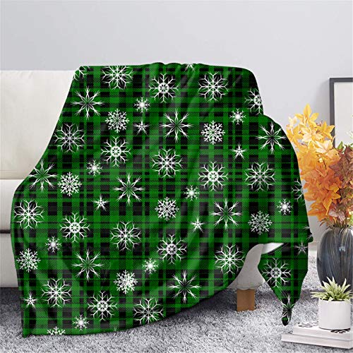 HUGS IDEA Grüne Gitter-Decken, Weihnachts-Schottenkaro, Schneeflocken-Muster, zotteliger Sherpa-Fleece-Überwurf für Zuhause, Schlafsaal, warm, flauschig, Schal, Bettlaken, Größe L von HUGS IDEA