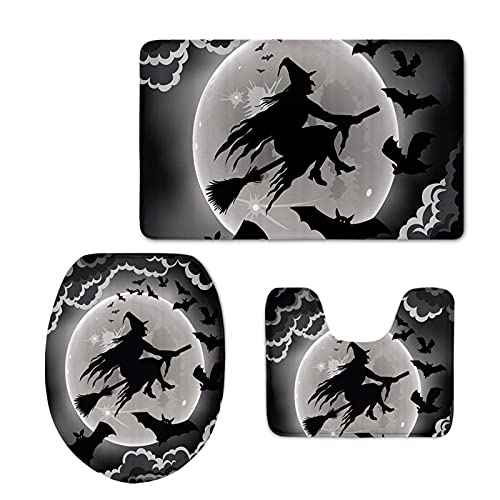 HUGS IDEA Halloween Dekor Badteppich Set Rutschfest Absorbent Badezimmermatte Contour Teppich Toilettendeckel Abdeckung Fliegende Hexe Muster von HUGS IDEA