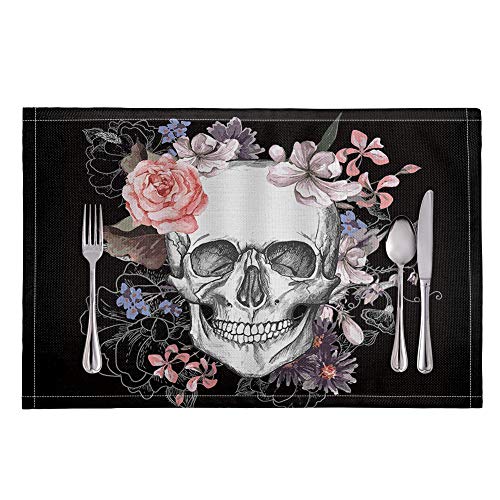 HUGS IDEA Halloween Vinyl Tischsets mit Gothic Skull Rose Vintage Blume, 30,5 x 45,7 cm, hitzebeständige Tischsets, abwischbar, schwarze Tischsets für Messer, Gabel, Löffel, 6 Stück von HUGS IDEA