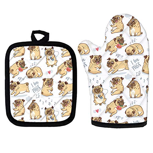 HUGS IDEA Ofenhandschuhe, Platzsets für heiße Gerichte, Mops, niedliches Cartoon-Hundemuster, strapazierfähig, mit hitzebeständiger, gesteppter Innenseite, schwarz, Einheitsgröße von HUGS IDEA