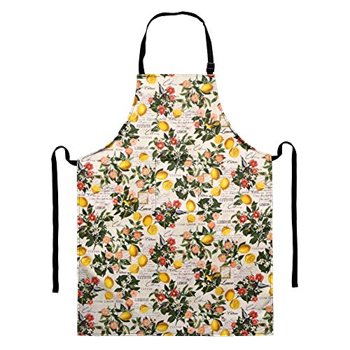 HUGS IDEA Verlängerte Kochschürze, cremefarben, Zitrone, Blume, Vogel, Zitrone, Blumenmuster, für Damen und Herren, verstellbarer Nackenriemen mit Tasche für Koch, Restaurant, Küche, Grill von HUGS IDEA