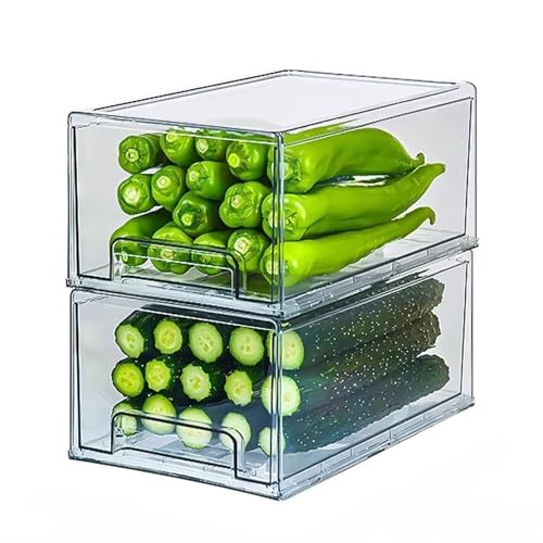 HUHJYUGE 2er-Set Kühlschrank-Schubladen Organizer Boxen mit Deckel, Transparente PET-Aufbewahrung für Eier, Gemüse, Obst, Snacks, Gefrierschrank Küche Lagerung (33.5x20.5x14.5cm) von HUHJYUGE