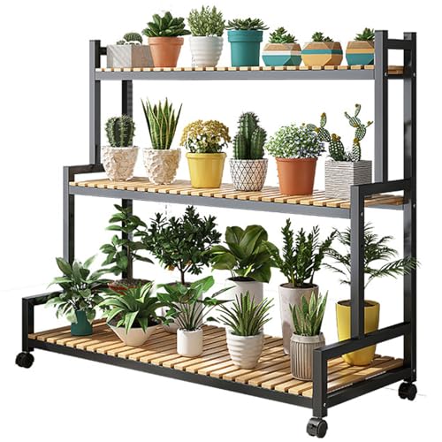 HUHJYUGE Blumenregal Outdoor Metall, Blumenregal Balkon Wetterfest, Pflanzenregal mit Rädern, Pflanzentreppe Blumenregal Standregal, für Wohnzimmer Balkon Garten (3 Tiers/120cm) von HUHJYUGE