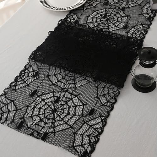 HUHJYUGE Schwarzer Spitzentischläufer für Halloween, Ajour-Tischdecke aus Polyester für Esstisch, Kamin, Buffet oder Deko im Spuk- und Gothic-Stil für Zuhause (B 30x60cm) von HUHJYUGE