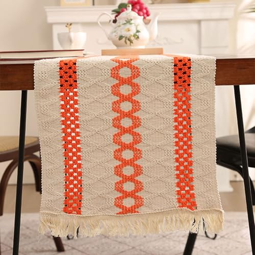 HUHJYUGE Tischläufer mit Fransen im Ethno-Stil, Polyester-Gewebe in Leinenoptik, Boho Patchwork Design für Esstisch, Couchtisch, Kommode oder Festliche Deko (E 30x275cm) von HUHJYUGE