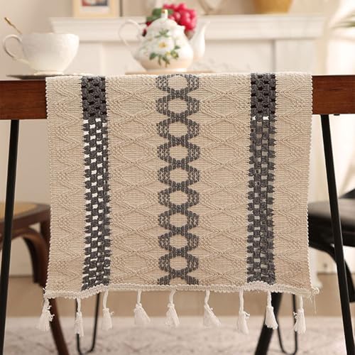 HUHJYUGE Tischläufer mit Fransen im Ethno-Stil, Polyester-Gewebe in Leinenoptik, Boho Patchwork Design für Esstisch, Couchtisch, Kommode oder Festliche Deko (G 30x45cm) von HUHJYUGE
