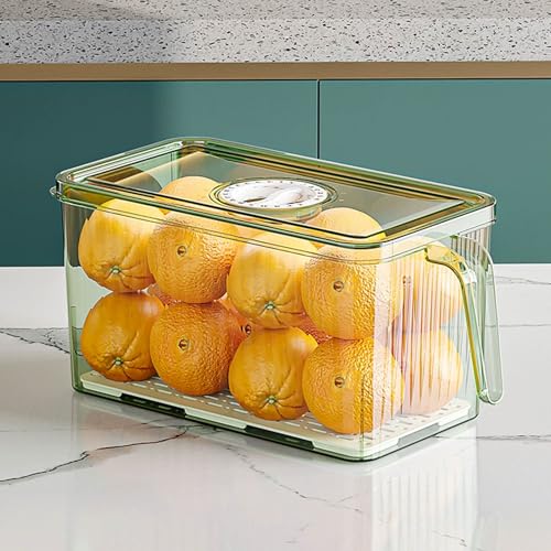 HUHJYUGE Transparente Kühlschrank Aufbewahrungsbox mit Griffen, Lebensmittelgeeigneter Behälter mit Abtropfschale für Gemüse und Obst, Küchenorganizer, 1 Stück (Green 26x15cm) von HUHJYUGE