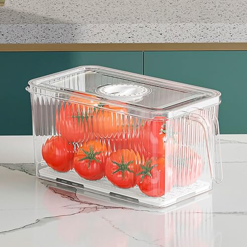 HUHJYUGE Transparente Kühlschrank Aufbewahrungsbox mit Griffen, Lebensmittelgeeigneter Behälter mit Abtropfschale für Gemüse und Obst, Küchenorganizer, 1 Stück (Transparent 26x15cm) von HUHJYUGE