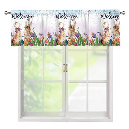 HUIACONG Willkommen Kaninchen Garten Fenster Volant Ostervorhang kurze Vorhänge 137 x 45 cm Stangentaschenvorhänge für Schlafzimmer Badezimmer Wohnzimmer Dekor Fensterbehandlungen von HUIACONG