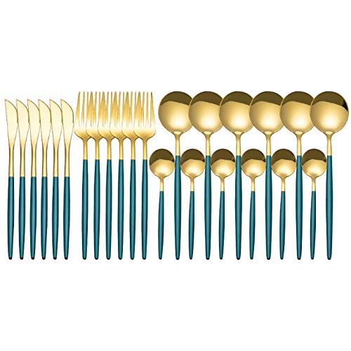 HUIIUH Grün Gold Silverware Set for 6, Besteck Set 24 Stück Edelstahl Besteck Besteck Set Geschirr Besteck Set für Zuhause und Restaurant Inklusive Messer Gabeln Löffel für Partyhochzeiten von HUIIUH