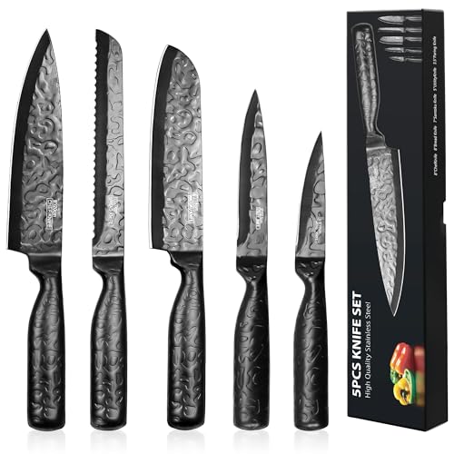 HUIKAILI 5-Teiliges Küchenmesser-Sets, Schwarz Messerset Edelstahl Professionelles Kochmesser-Set mit ultra-scharfer Klinge aus rostfreiem Stahl, Messersets mit einzigartiger Antihaft-Hammerklinge von HUIKAILI