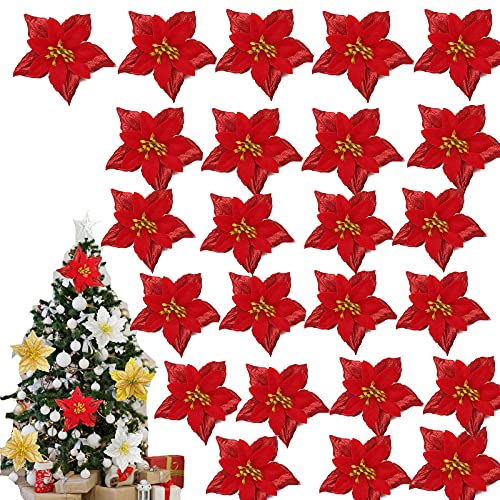 HUIKJI 24 kleine Weihnachtsblumen, künstliche Weihnachtssterne mit Glitzer, Blumen für Weihnachtsbaum, Kranz, Girlande, Party-Dekorationen von HUIKJI