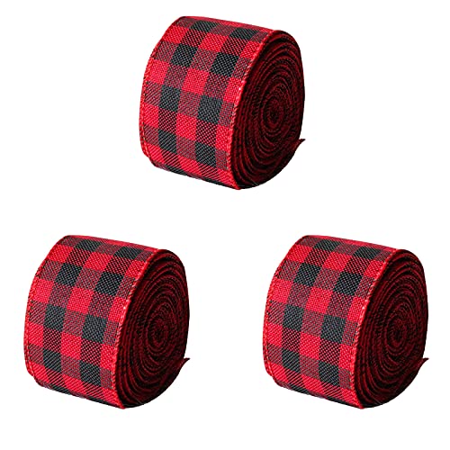 HUIKJI 3 Rollen Buffalo Plaid Band, Plaid Jutebänder, rot kariert, Band für Weihnachtsdekoration und Schleifen, Handwerk Geschenkverpackung von HUIKJI