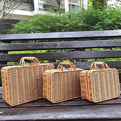 HUIKJI 3 Stück künstlicher Rattan-Koffer, Rattan-Koffer, Rattan-Handtasche, Picknickkorb, handgefertigte Tragetasche mit Metallrahmen für Hochzeitseinkäufe von HUIKJI