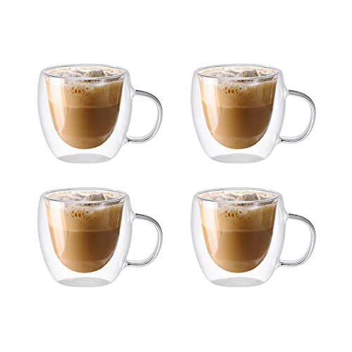 HUIKJI 4 doppelwandige Glas-Kaffeetassen, 150 ml, isolierte Glas-Kaffeetasse mit Griff, transparente Tassen für Americano, Latte, Getränke, Cappuccinos, Espressotassen von HUIKJI