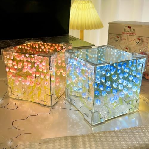 HUIKUANGEU Tulpen Lampe,2 Stück Tulpenspiegel Nachtlicht,DIY Tulpe Nachtlicht,Tulpen Nachtlicht,DIY Tulpenwürfel Spiegel Lampe,LED Blumen Tulpen Licht,für Tisch Schlafzimmer Heim Dekoration von HUIKUANGEU
