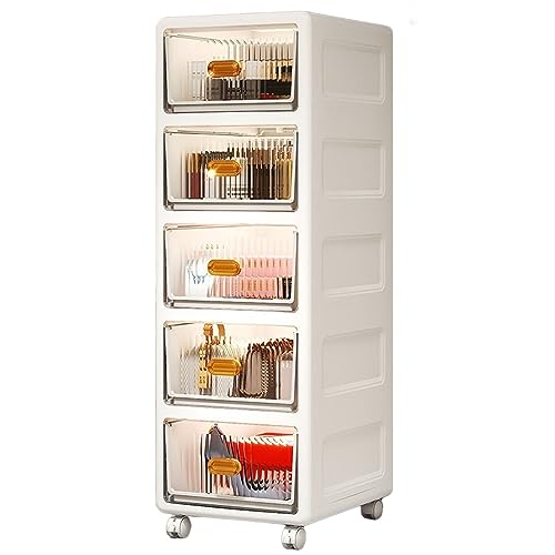 HUIMOZ Badezimmer-Bodenschrank, Vitrine mit mehrschichtigen transparenten Schubladen und Rollen, Aufbewahrungsschrank für Wohnmöbel im Schlafzimmer und Wohnzimmer, weiß von HUIMOZ