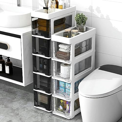 HUIMOZ Freistehender, schmaler Badezimmer-Unterschrank mit stapelbaren Schubladen, transparenten Rollen – vertikaler Toilettenpapierhalter, 18 cm (7 Zoll) hoch, platzsparende Lö von HUIMOZ