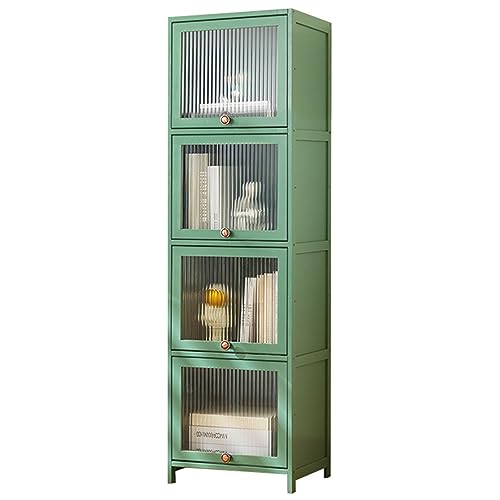 HUIMOZ Grüne Bambus-Lagerschranktüren mit durchsichtigen Regalen und Rollen, freistehender Wäscheturm-Hochschrank für Home Office, Küche, Wohnzimmer, Schlafzimmer, Garage von HUIMOZ