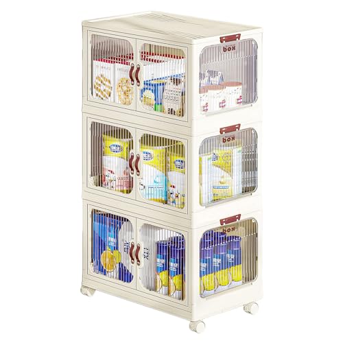 HUIMOZ Kunststoff-Aufbewahrungsbehälter mit Deckel, weiße, Faltbare Aufbewahrungsbox mit Doppeltüren, transparente Vitrine, 3-stufiger Spielzeug-Organizer, stapelbarer Aufbewahr von HUIMOZ